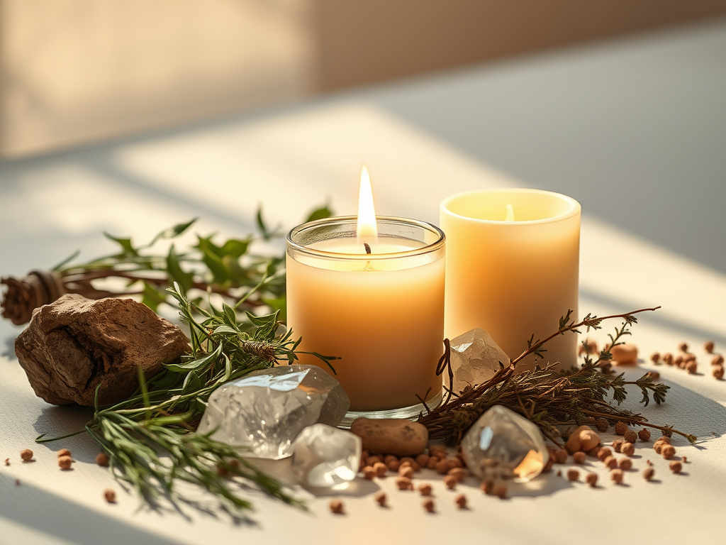 Two decorative candles surrounded by natural elements such as herbs and stones, creating a serene atmosphere.